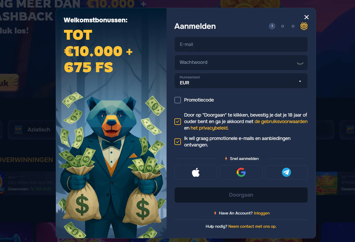 BalooBet Casino registratieformulier met welkomstbonus tot € 10.000 en 675 gratis spins